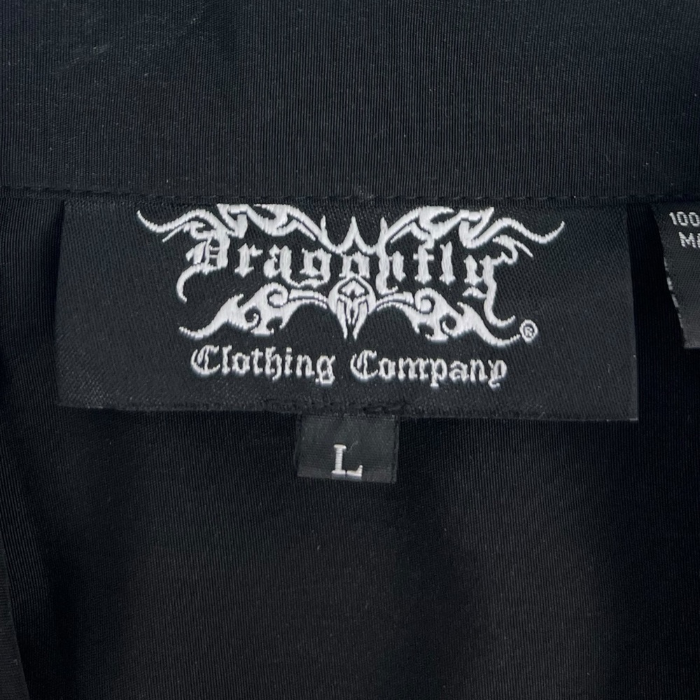 Dragonfly Mens Large Shirt Button Front Black Embroidered Skull Flag Vintage - Picture 9 of 14